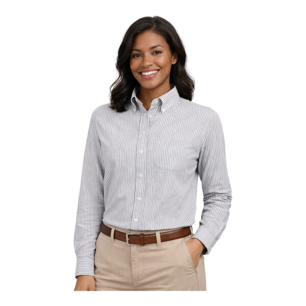 A women's gray striped long sleeve oxford dress shirt with a button-down collar and front pocket.