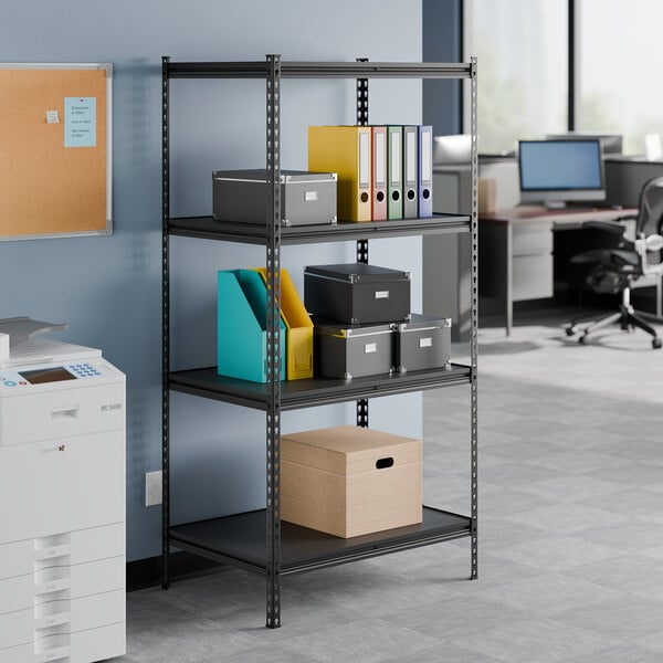 A black laminate shelf designed for 4-shelf boltless shelving units, shown in an office setting with various storage boxes and files.