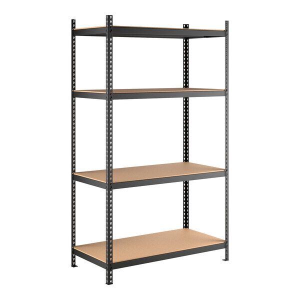 A black heavy-duty boltless shelving unit with four particleboard shelves and metal uprights.