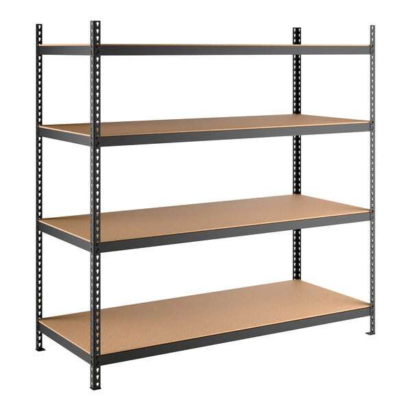 A black heavy-duty boltless shelving unit with four particleboard shelves and metal uprights.