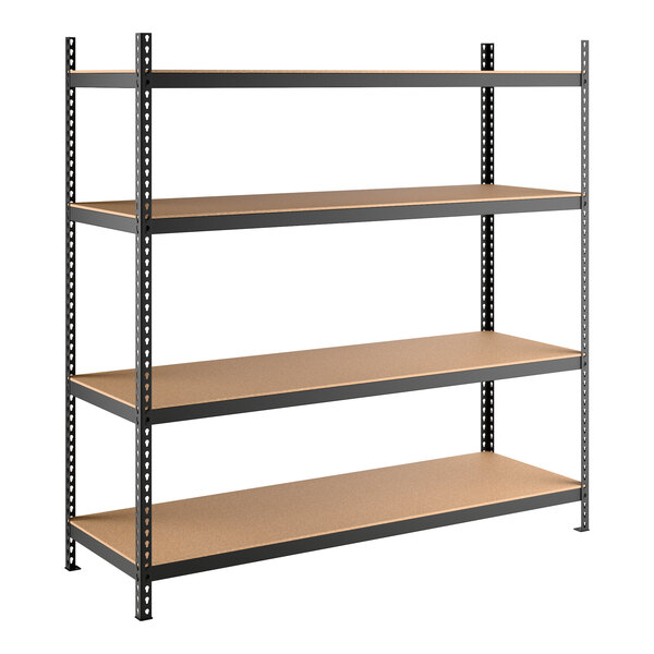 A black heavy-duty boltless shelving unit with four particleboard shelves and metal uprights.