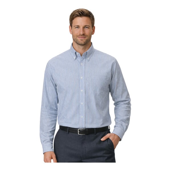 A men's blue striped long sleeve oxford dress shirt with a button-down collar and front pocket.