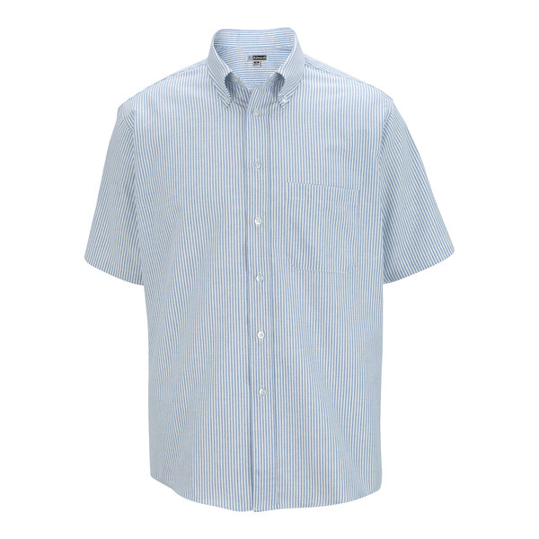 A men's short sleeve blue striped button-up dress shirt with a front pocket and collar.