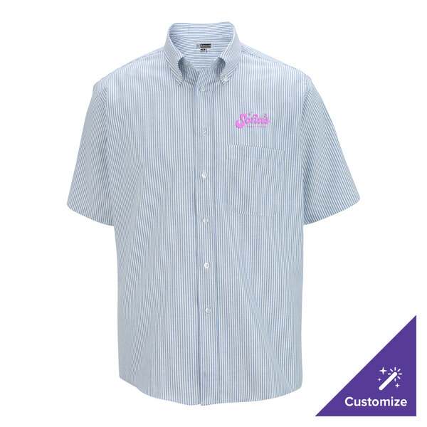 A men's short sleeve blue striped button-up dress shirt with a front pocket and customizable logo on the chest.
