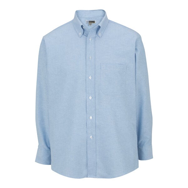 A blue Edwards Oxford dress shirt with long sleeves.