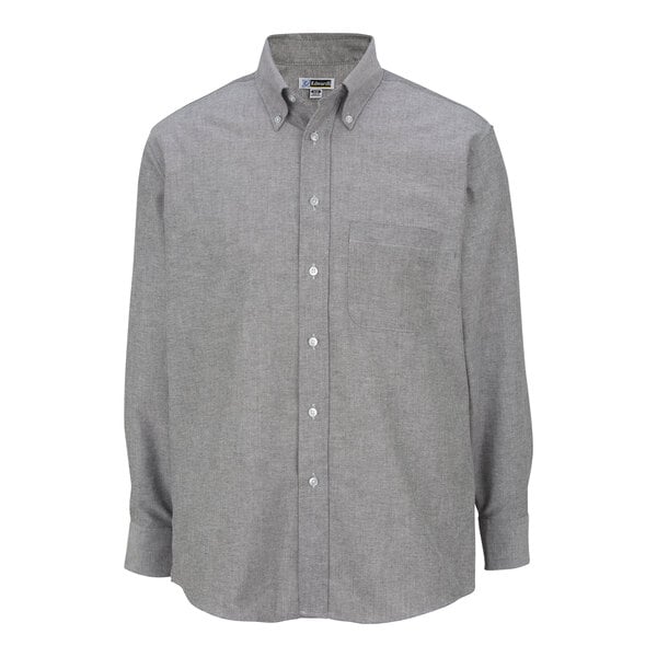 A grey Edwards men's long sleeve Oxford dress shirt with a button down collar.