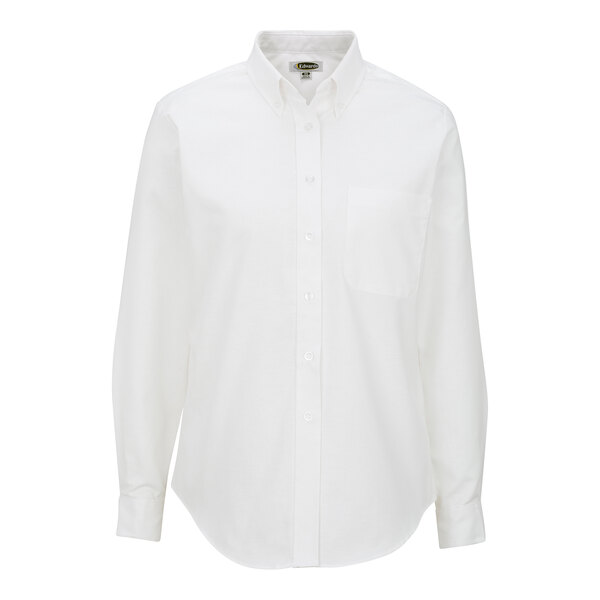 A close up of a white Edwards Oxford dress shirt with long sleeves and a button down collar.