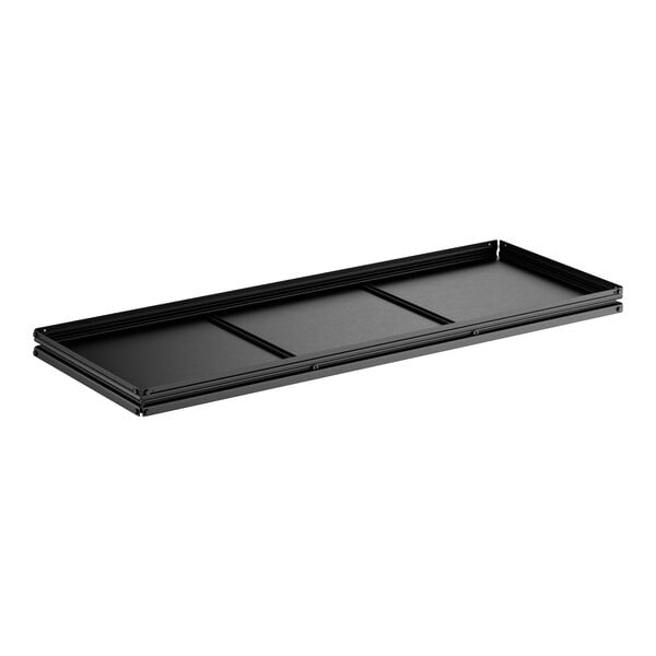 A rectangular black laminate shelf designed for boltless shelving units.