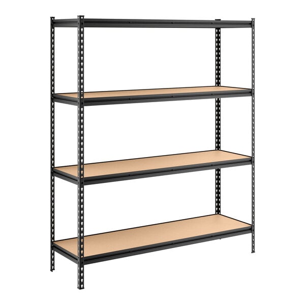 A black metal shelving unit with four particle board shelves and 72-inch uprights.