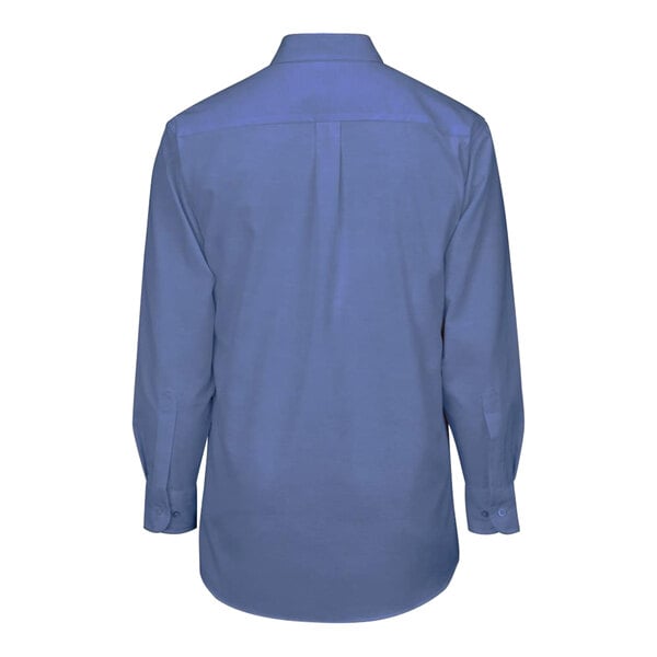 A back view of a French blue Edwards men's long sleeve oxford dress shirt with a button-up front.