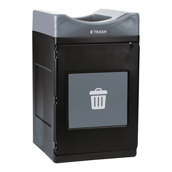 A gray Commercial Zone Avante modular trash bin with a lid and trash bag.