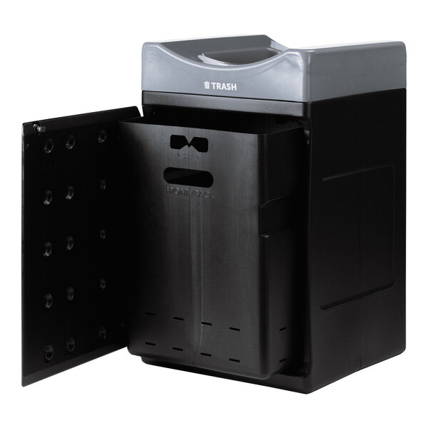 A grey Commercial Zone Avante single-stream trash bin with a door open.