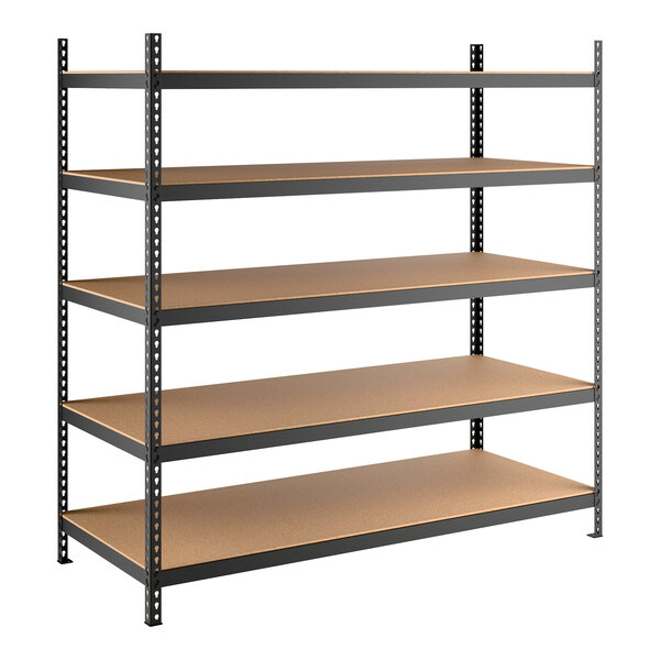 A black heavy-duty five-shelf boltless shelving unit with particleboard shelves and metal uprights.