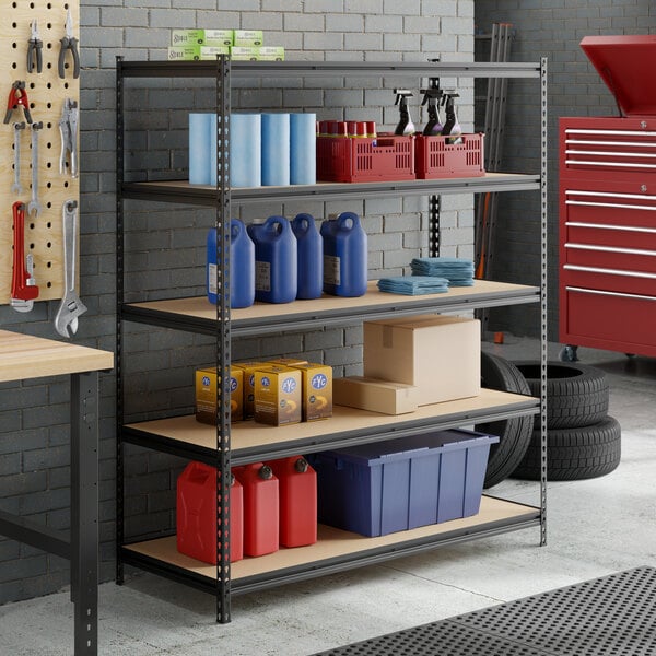A black Z-beam particle board shelf unit with five shelves, used for garage or utility storage.