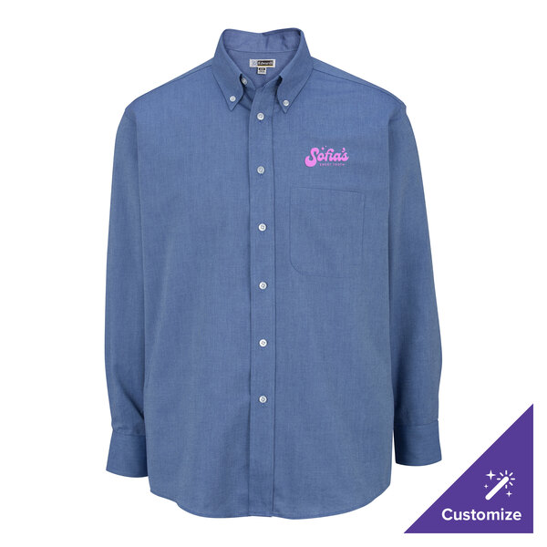 A men's long sleeve French blue oxford dress shirt with a button-down collar, front pocket, and customizable logo on the chest.