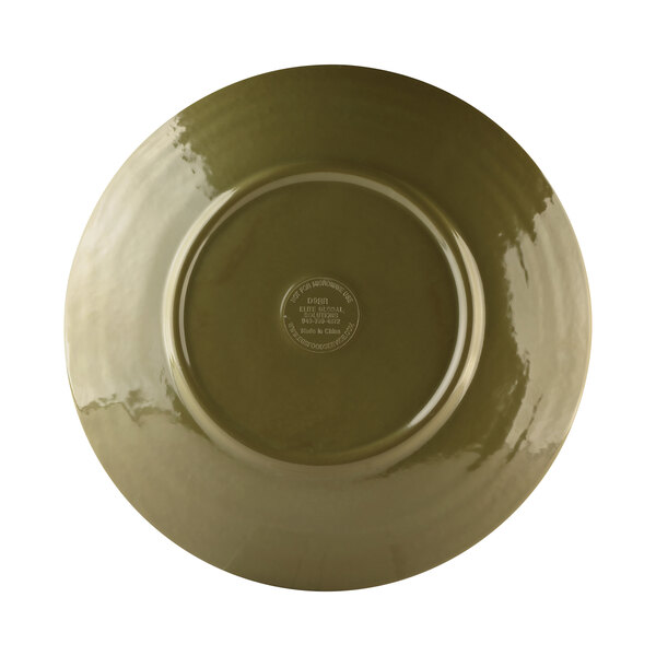 A green Elite Global Solutions round melamine plate with a circular rim.