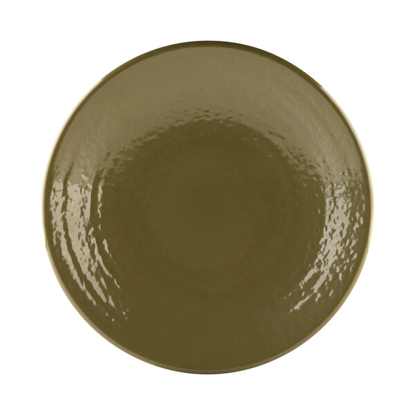 A close-up of an Elite Global Solutions Lizard-colored round plate with a white background and dark green rim.