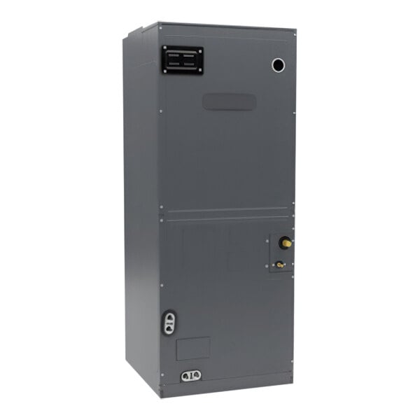 A grey rectangular Goodman air handler with yellow knobs.