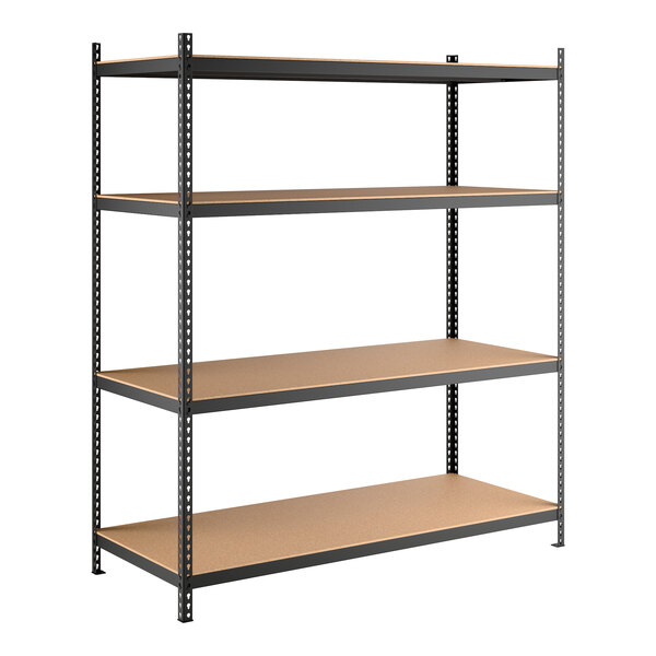 A black heavy-duty boltless shelving unit with four particleboard shelves and tall uprights.