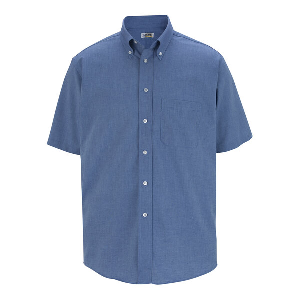 A men's short sleeve, button-up, French blue oxford dress shirt with a front pocket.