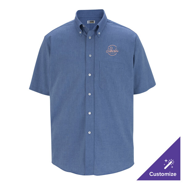 A men's short sleeve French blue oxford dress shirt with a button-down collar, front pocket, and customizable logo on the chest.