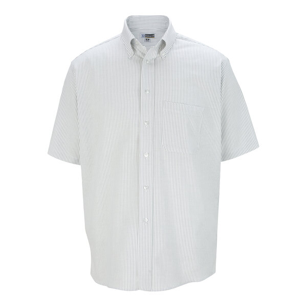 A men's short sleeve gray striped button-up dress shirt with a front pocket.