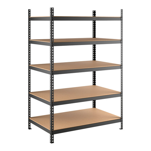 A black heavy-duty boltless shelving unit with five particleboard shelves and 72-inch uprights.