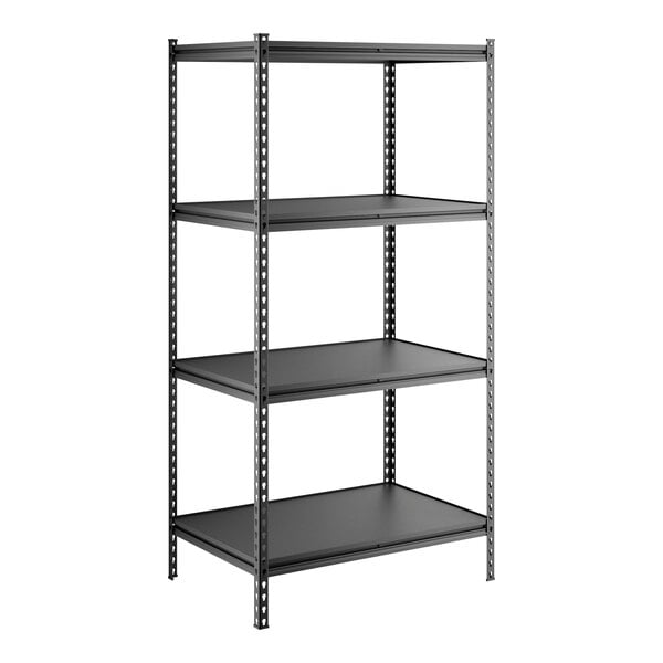 A black four-shelf boltless laminate shelving unit with metal uprights and adjustable shelves.