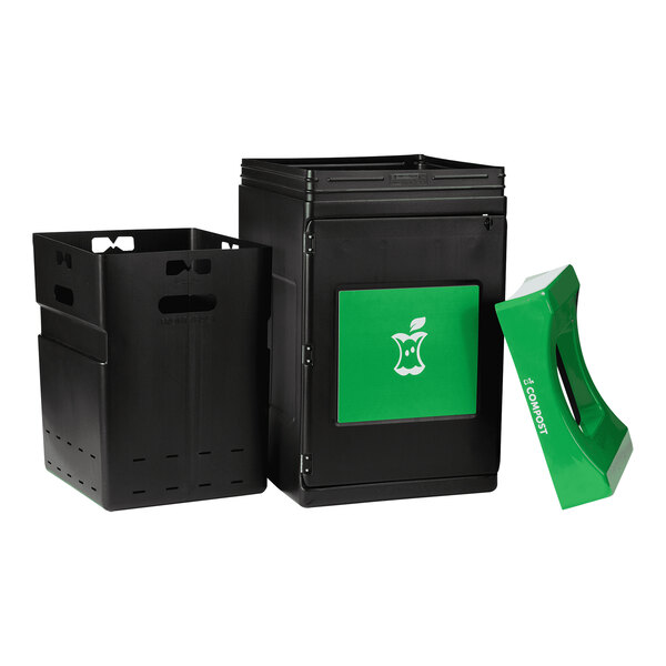 A black and green polyethylene square compost bin with holes and white text.