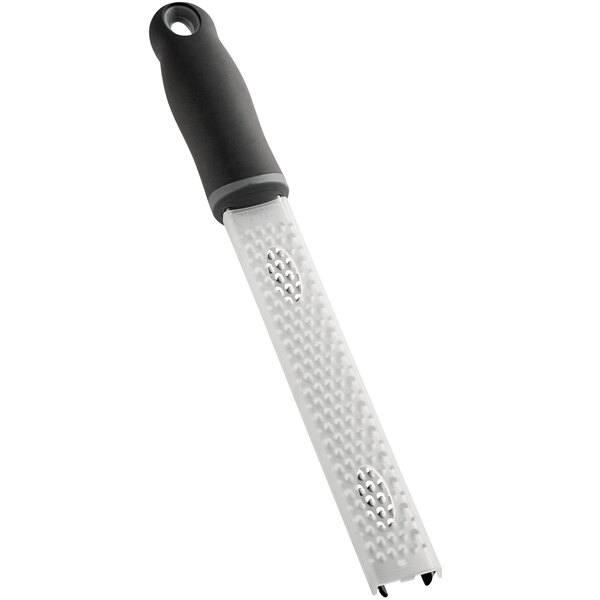 A Choice stainless steel handheld grater with a black handle.