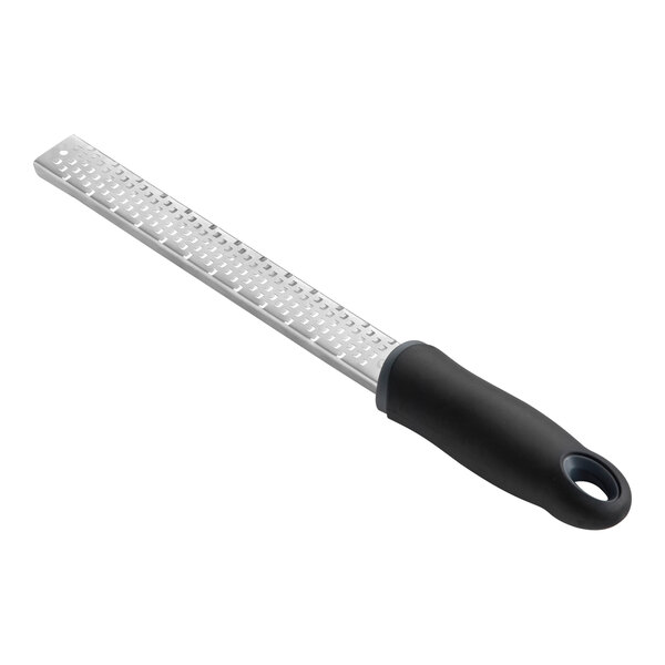 A handheld grater with a long, fine stainless steel grating surface and a black non-slip handle.