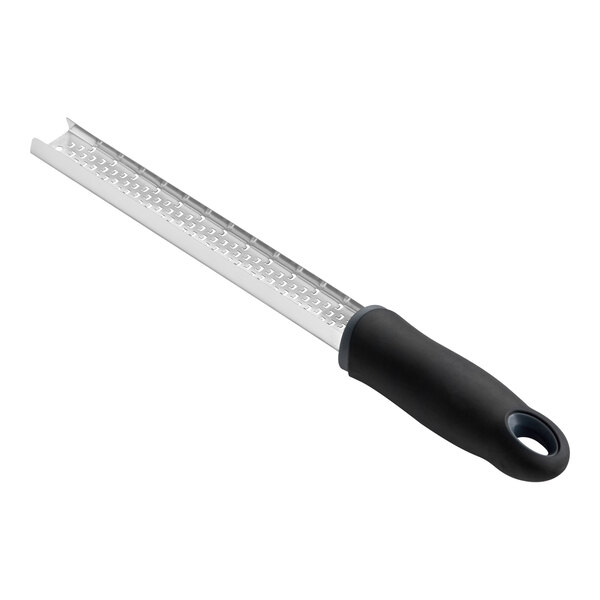 A handheld grater with a long, narrow stainless steel grating surface and a black non-slip handle.
