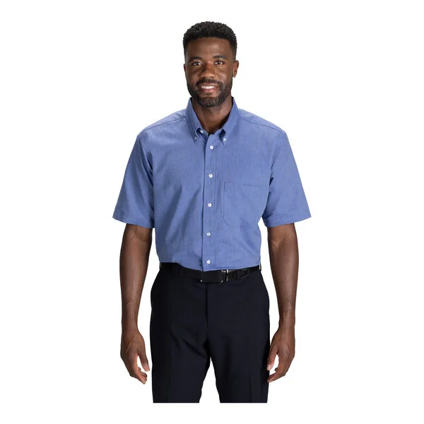 A men's short sleeve French blue oxford dress shirt with a button-down collar and front pocket.