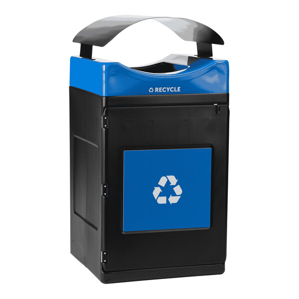 A blue and black Commercial Zone Avante recycling bin with canopy top.