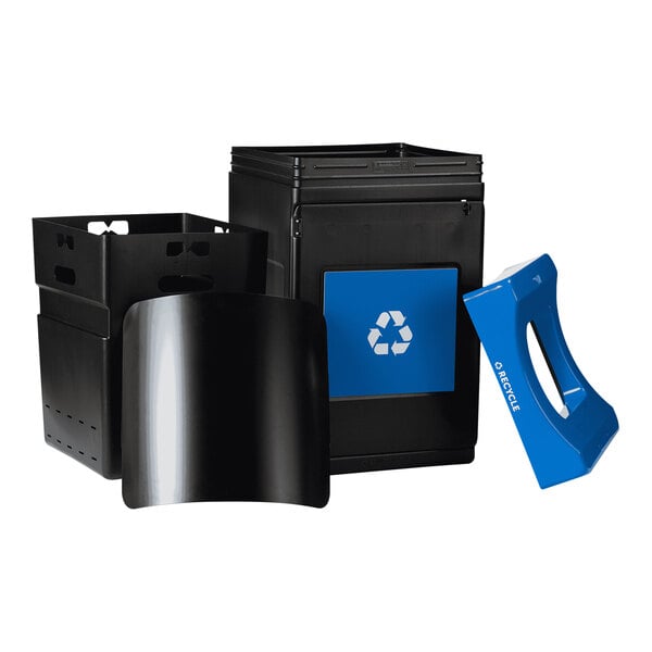 A black Commercial Zone Avante multi-stream recycling bin with a blue recycle sign and canopy top.
