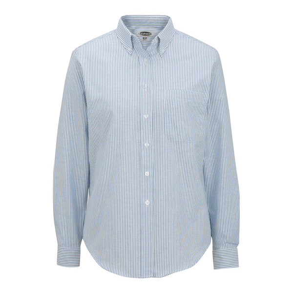 A women's blue and white striped long sleeve dress shirt.