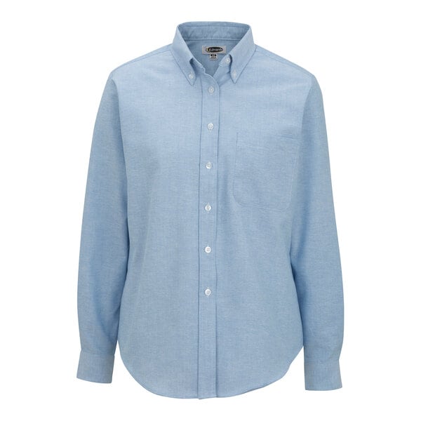 A blue long sleeved Edwards oxford dress shirt for women.