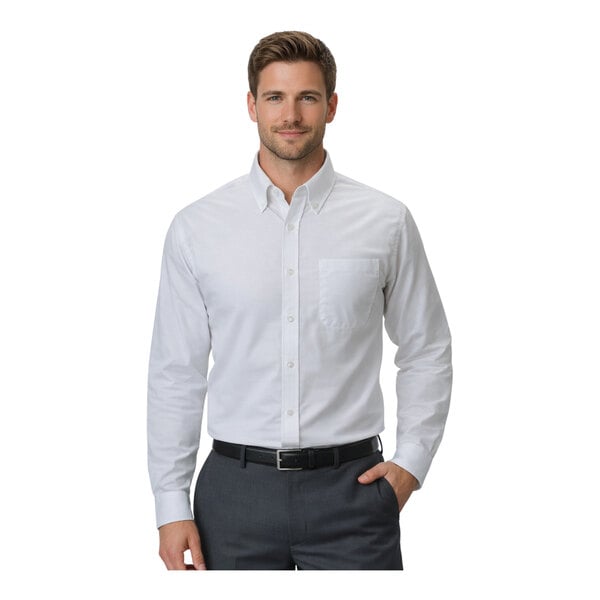 A men's white long sleeve oxford dress shirt with a front pocket and button-down collar.