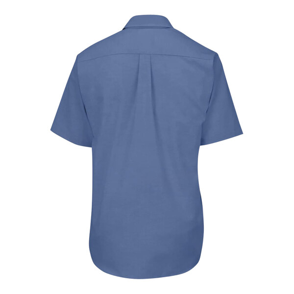 A men's short sleeve, French blue, wrinkle-resistant oxford dress shirt shown from the back.
