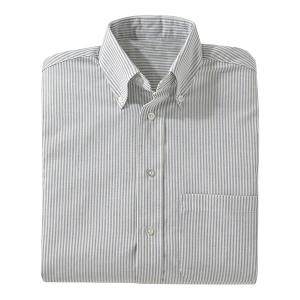 A women's gray striped short sleeve oxford dress shirt with a button-down collar and front pocket.