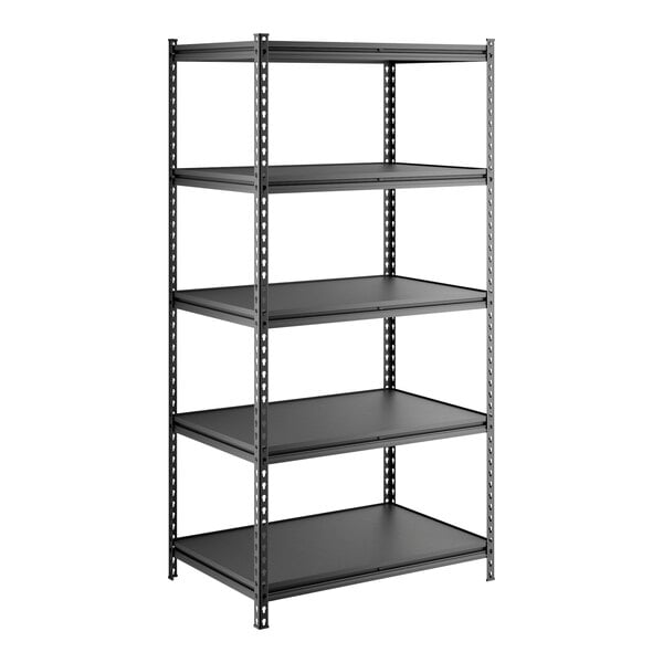 A black five-shelf boltless laminate shelving unit with metal frame and 72-inch uprights.