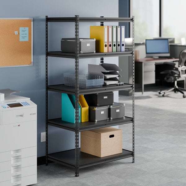 A black five-shelf boltless laminate shelving unit with 72-inch uprights, used for office storage and organization.