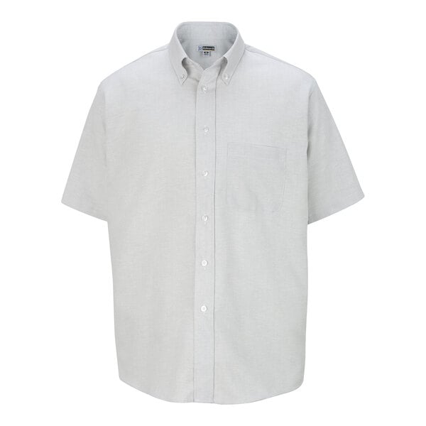 A light gray short sleeve men's oxford dress shirt with a button-down collar, front pocket, and wrinkle-resistant fabric.