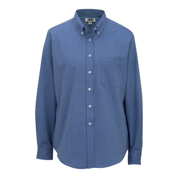 A women's French blue Edwards oxford dress shirt with long sleeves and soil release.