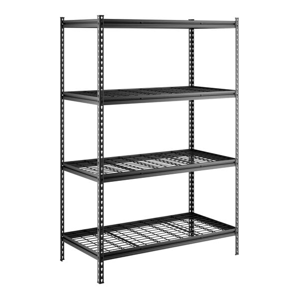 A black metal 4-shelf boltless wire shelving unit with Z-beam construction and 72-inch uprights.