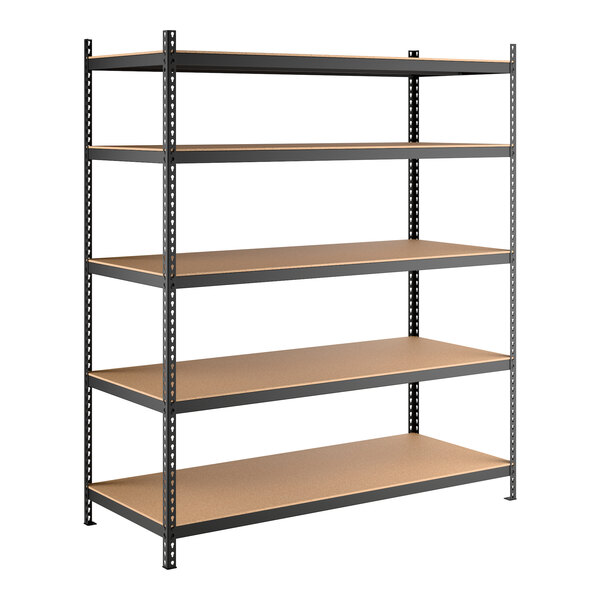 A black heavy-duty five-shelf boltless shelving unit with particleboard shelves and metal uprights.