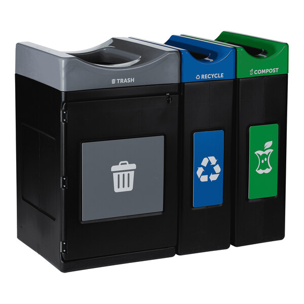 Three green, blue, and grey rectangle trash cans with white recycling logos.