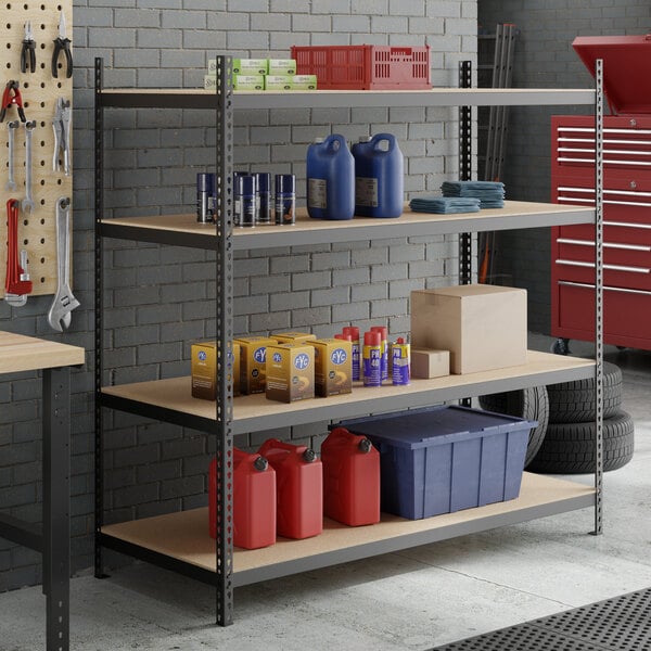 A black heavy-duty steel upright shelving unit with multiple shelves, used for organized storage in a garage or workshop.