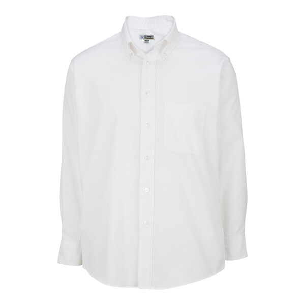 A close up of a white Edwards men's long sleeve dress shirt with a buttoned collar and pocket.