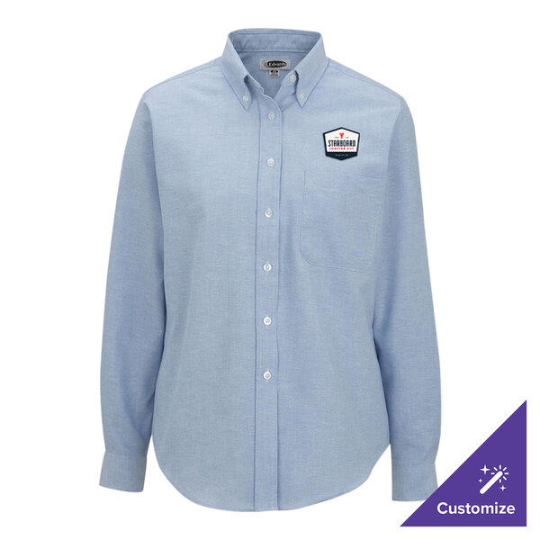 Edwards 5077 Women's Customizable Blue Long Sleeve Wrinkle-Resistant Easy-Care Oxford Dress Shirt with Soil Release - XXS